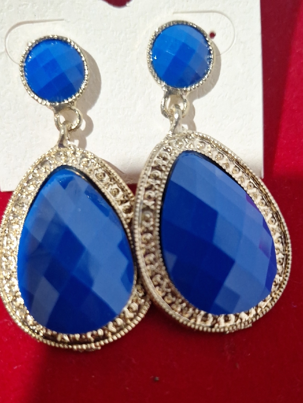 Blue Teardrop Dangle Earrings - Gold Trim